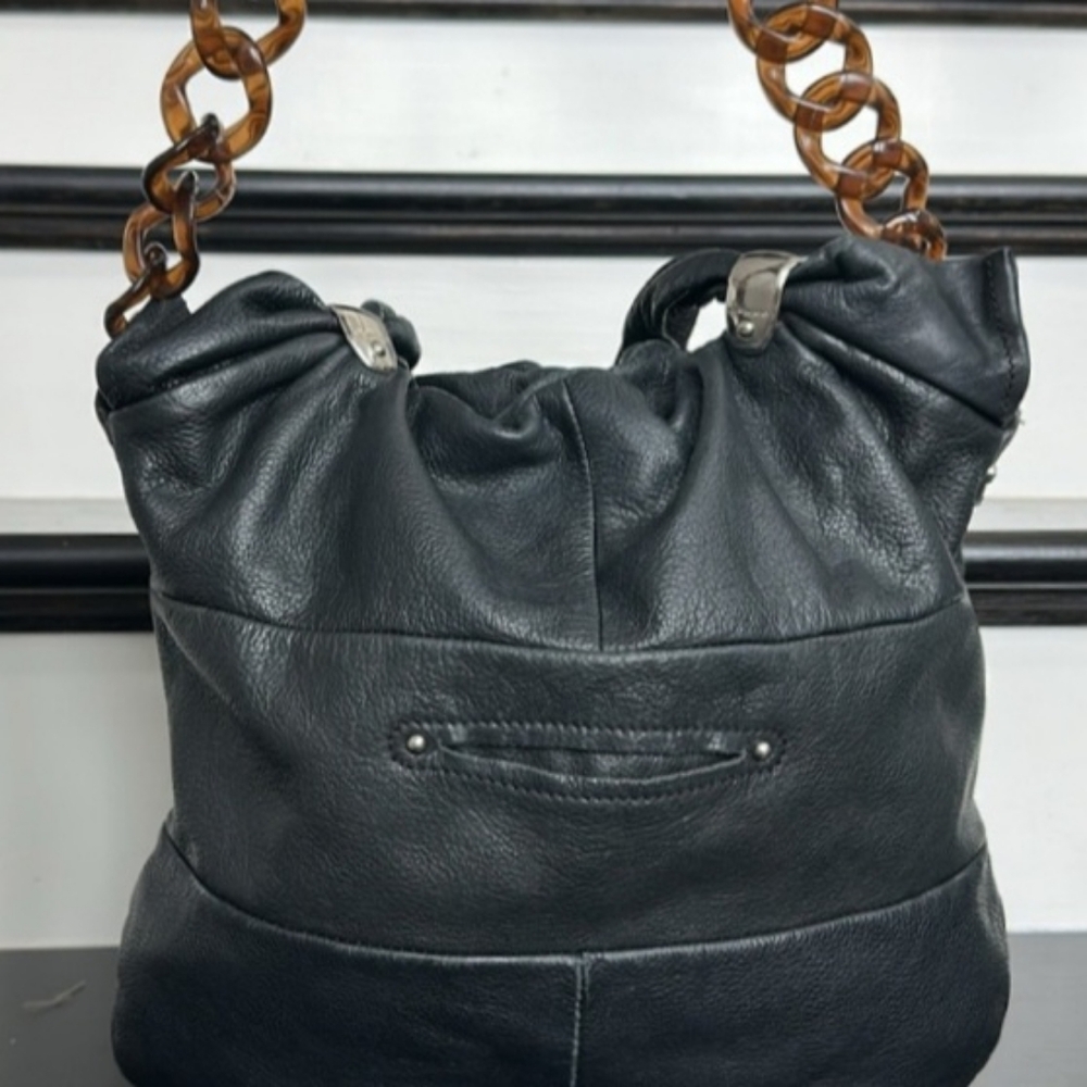 B Makowsky Black Leather Shoulder Bag  w/double handles & tortoise chain strap